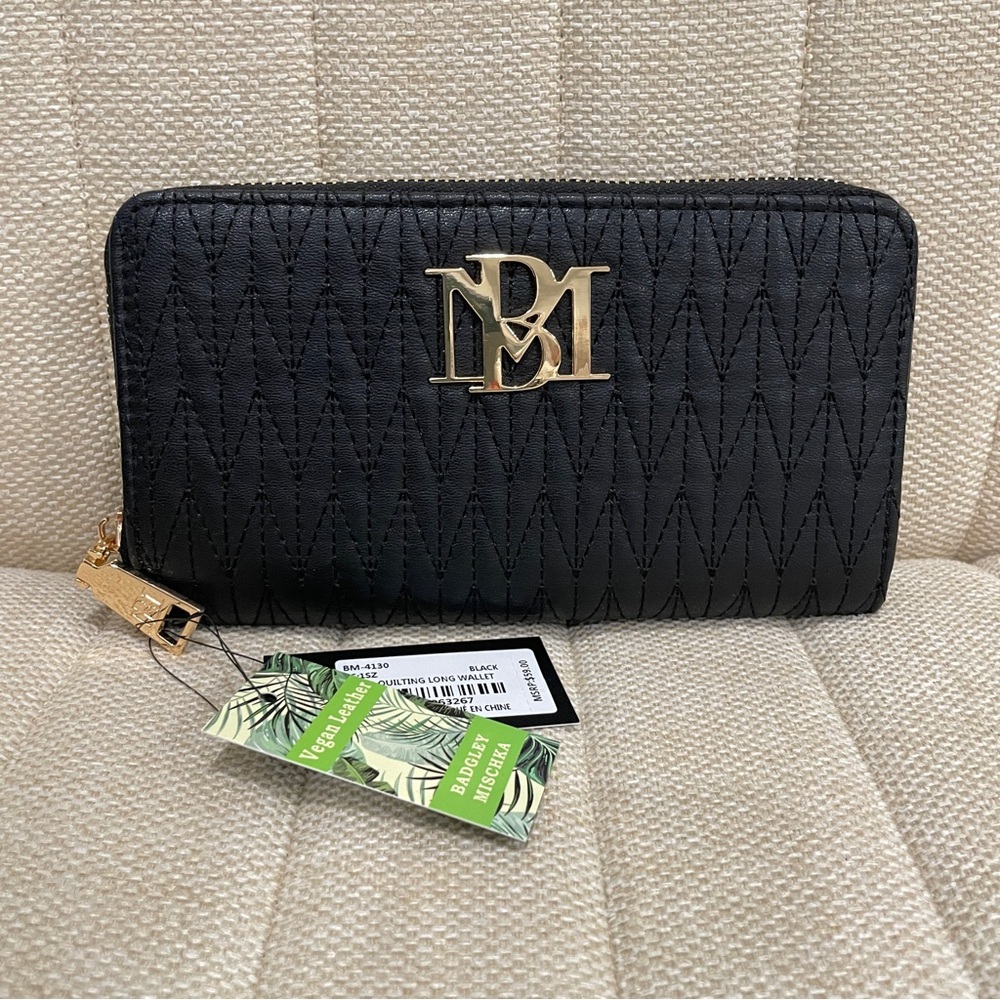 NEW Badgley Mischka Black Quilted Vegan Leather Zip Around Long Wallet